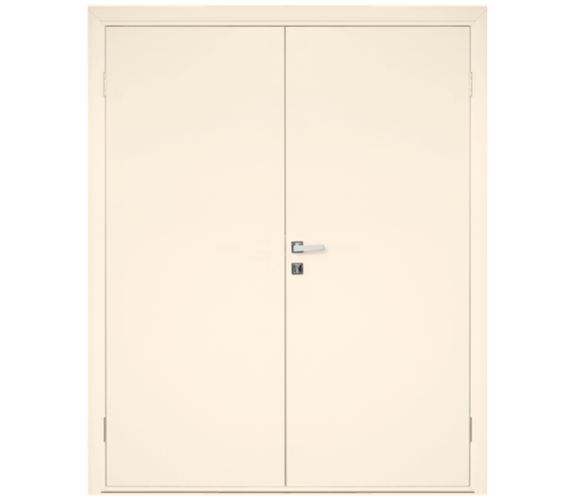 Влагостойкая дверь ПВХ EtaDoor глухая кремовая двухстворчатая с алюминиевой кромкой