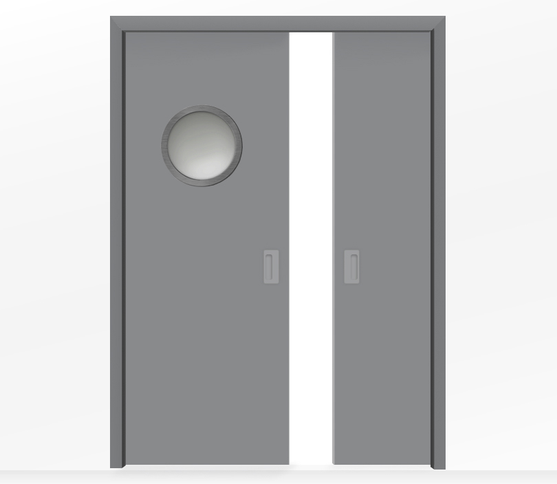 Дверь пенал раздвижная встроенная в стену двухстворчатая серая с иллюминатором