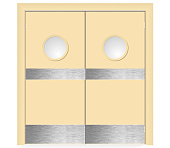 Влагостойкая дверь ПВХ EtaDoor с иллюминатором ванильная маятниковая двухстворчатая с отбойной пластиной