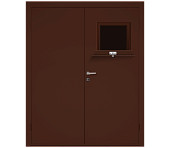 Влагостойкая дверь ПВХ EtaDoor с передаточным окном коричневая двухстворчатая с ПВХ кромкой