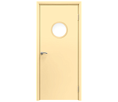 Влагостойкая дверь ПВХ EtaDoor с иллюминатором ванильная одностворчатая с алюминиевой кромкой